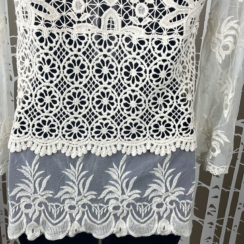 Boho Embroidered Lace & Mesh 3/4 Sleeve Top - Picture 7 of 14